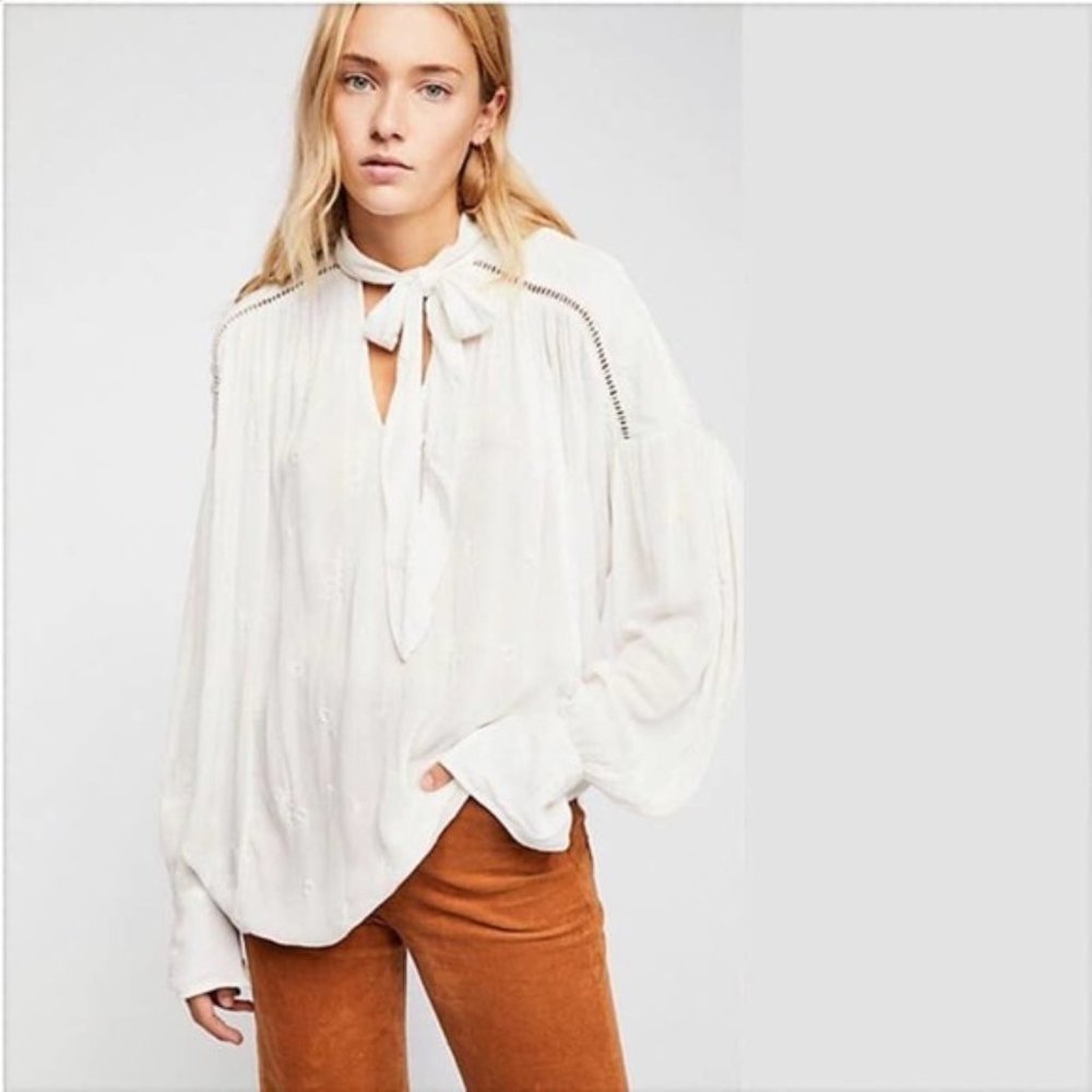 Free People Wishful Moments Embroidered Blouse in White M